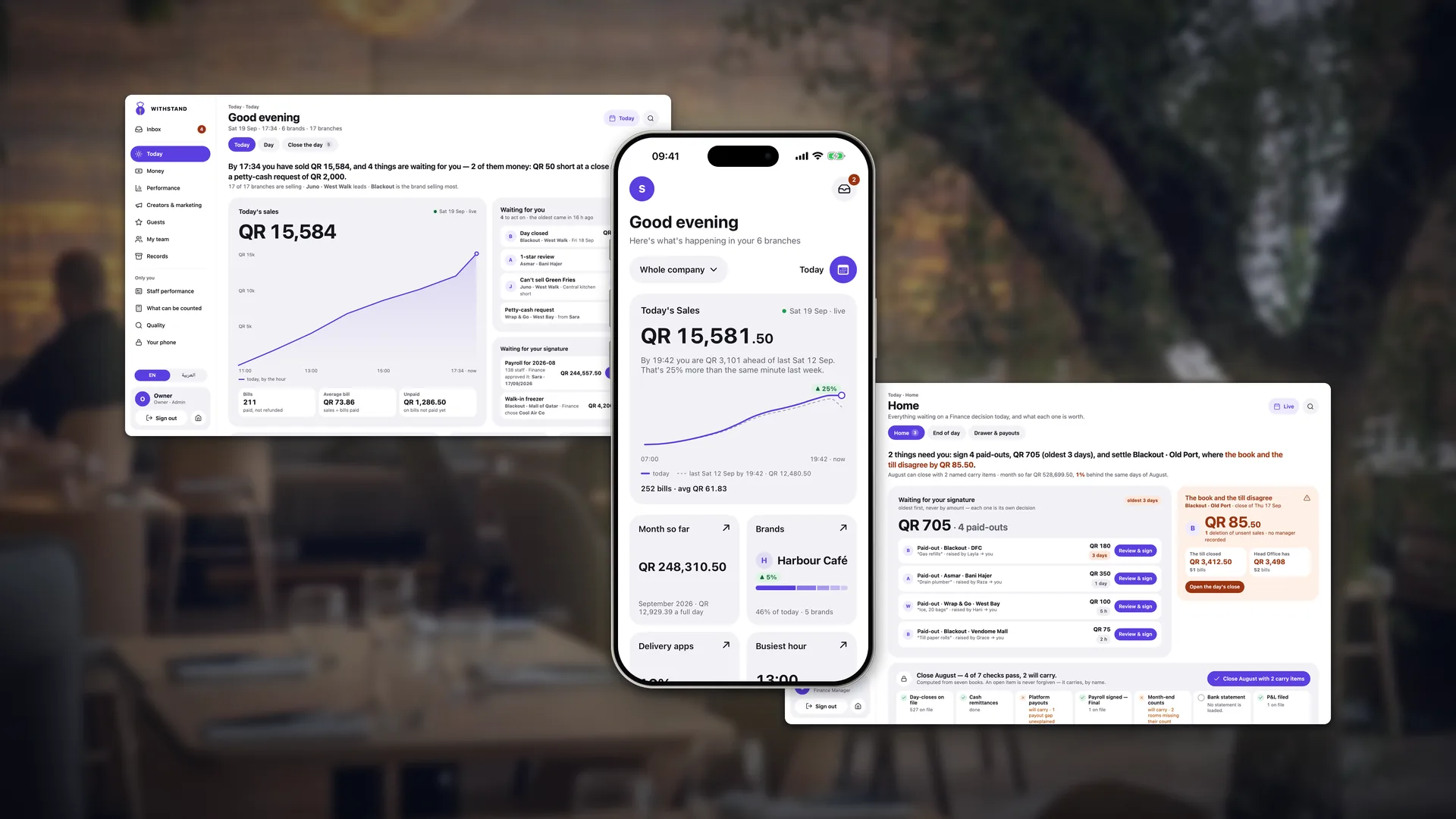 The Owner app's home screen on an iPhone, in front of two back-office screens on a Mac: Head Office's Today and Finance Home