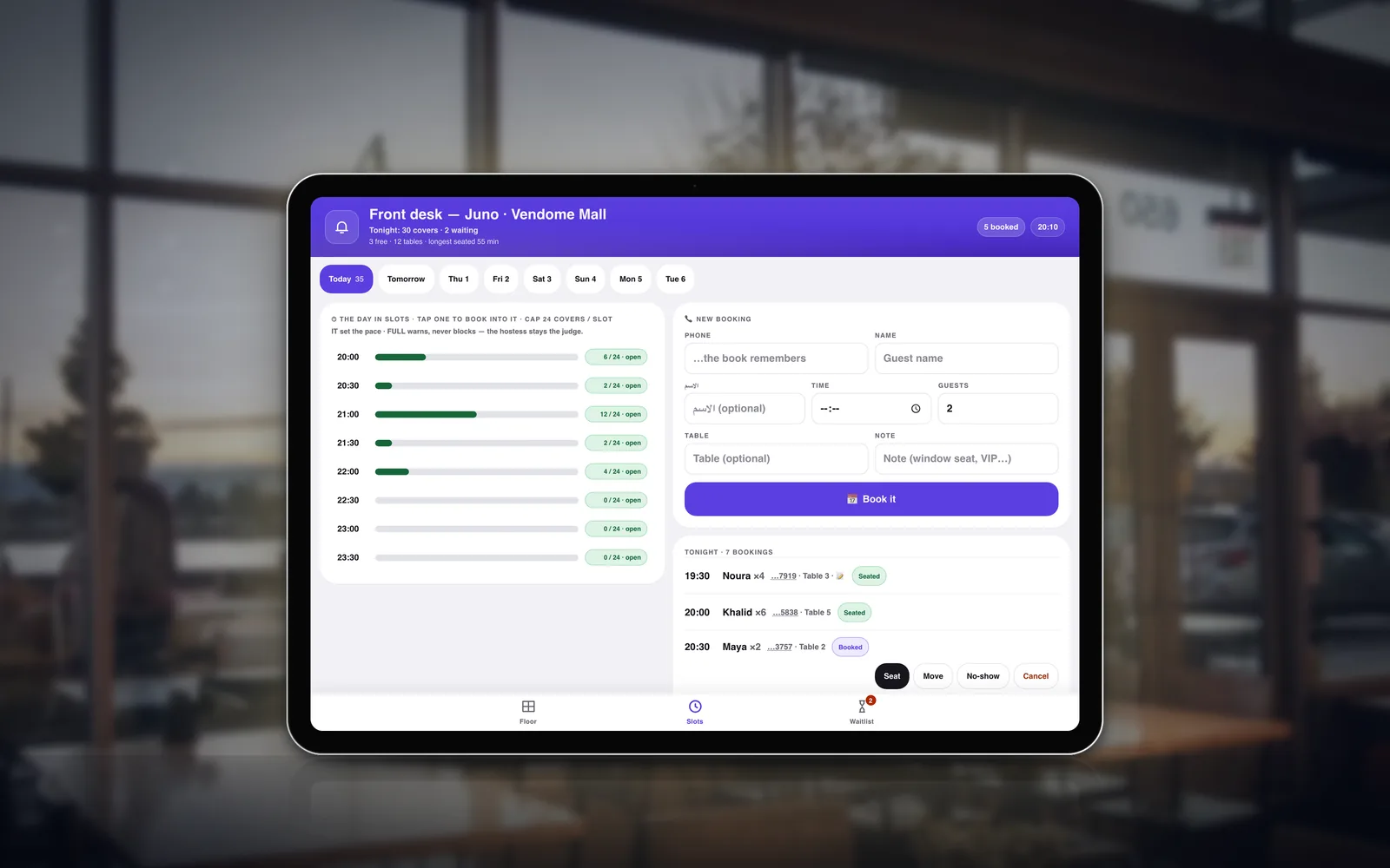 The hostess desk on an iPad: tonight's half-hour slots, a New booking form, and the list of tonight's bookings with their buttons