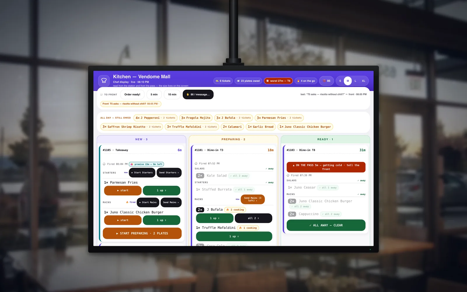 The chef display: tickets in New, Preparing and Ready columns under an all-day strip, with Start and Up buttons on each plate