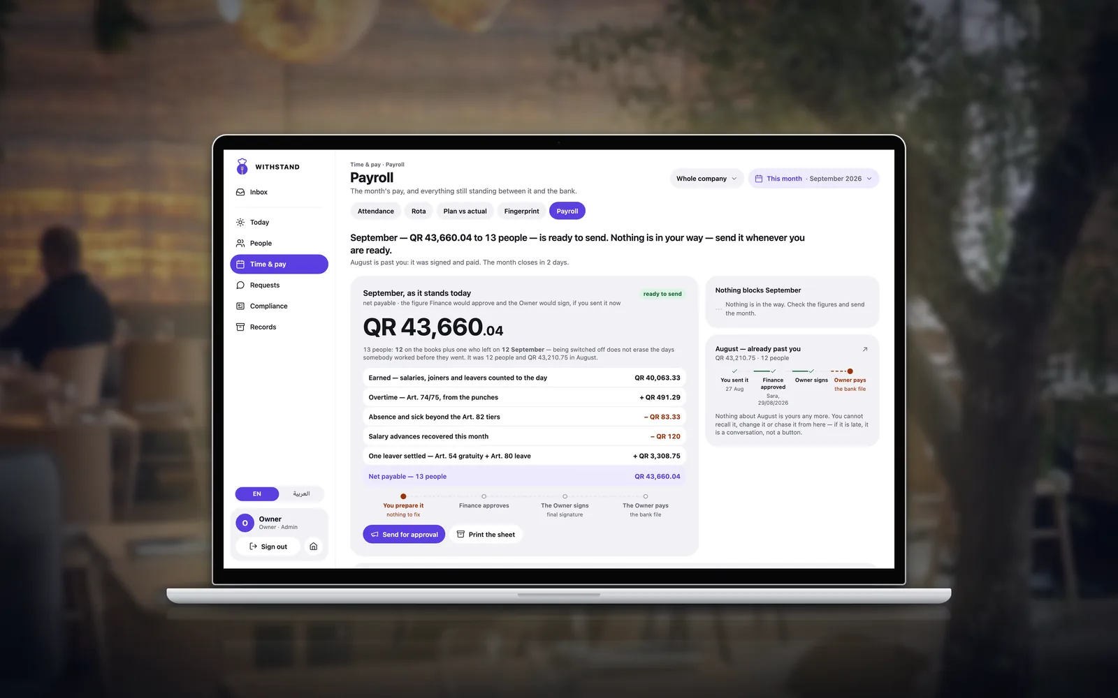 HR Payroll on a MacBook: September's net pay as one large figure, the lines that make it up, and the chain of signatures below