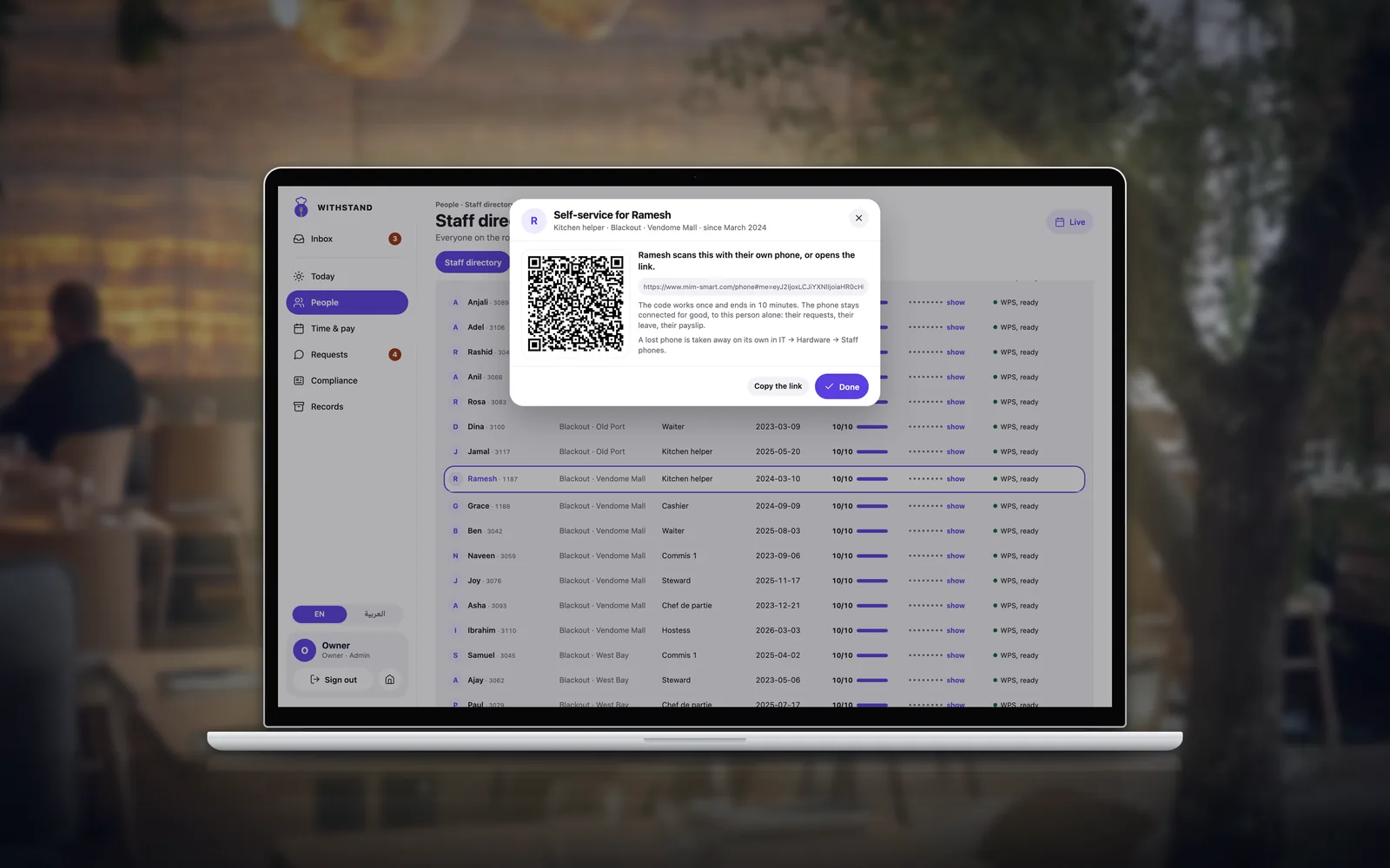 HR on a MacBook: the Self-service for Ramesh window over the staff directory, with a sample QR code and its link