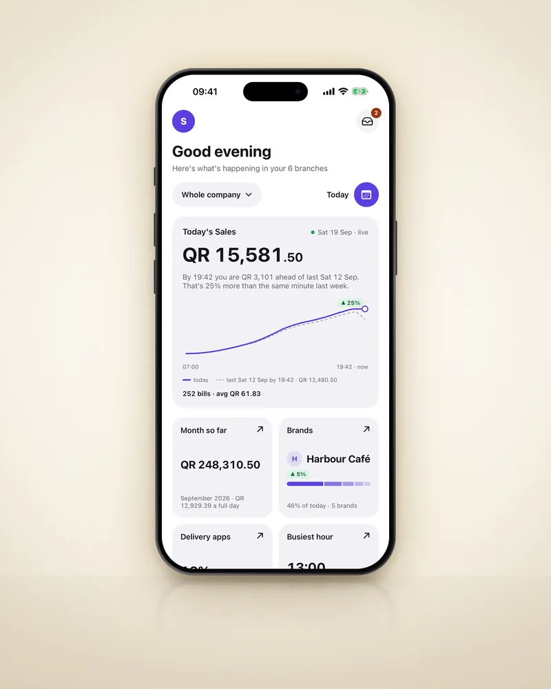 The same Owner app home on an iPhone, against an ivory backdrop