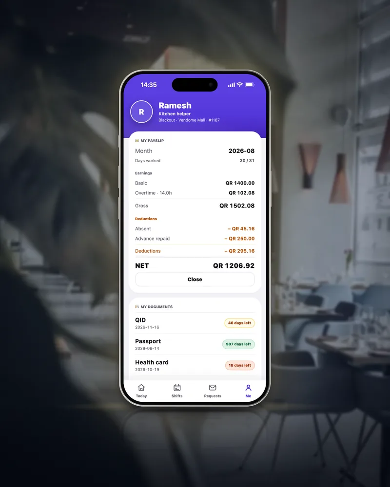 Ramesh's August payslip on his phone: days worked, basic pay and overtime, each deduction by name, and net pay