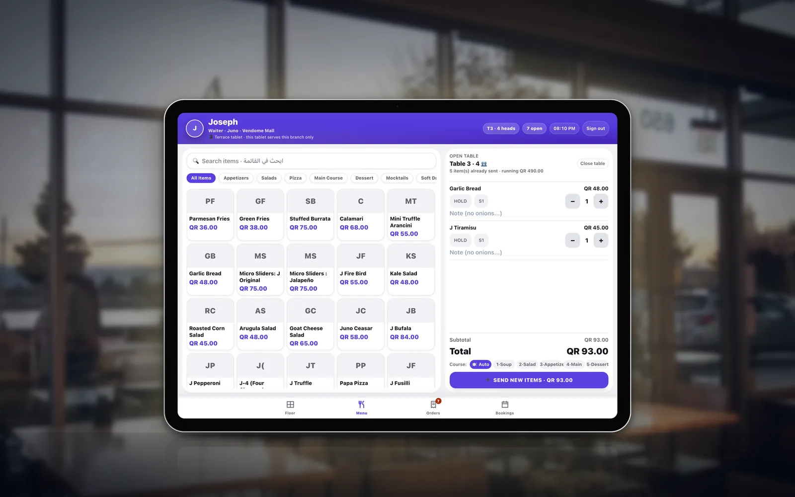 The waiter tablet on an iPad: the menu grid by category, two new items in Table 3's next round, and a Send new items button
